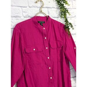 100% LINEN!🌷Lauren Ralph Lauren LRL Womens Long Sleeve Button Shirt Fuscia Pink